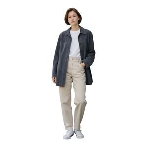 A.M.I Suede Leather Jacket Womens Dark Brown Camel Car Coat Collared Zip Satin L